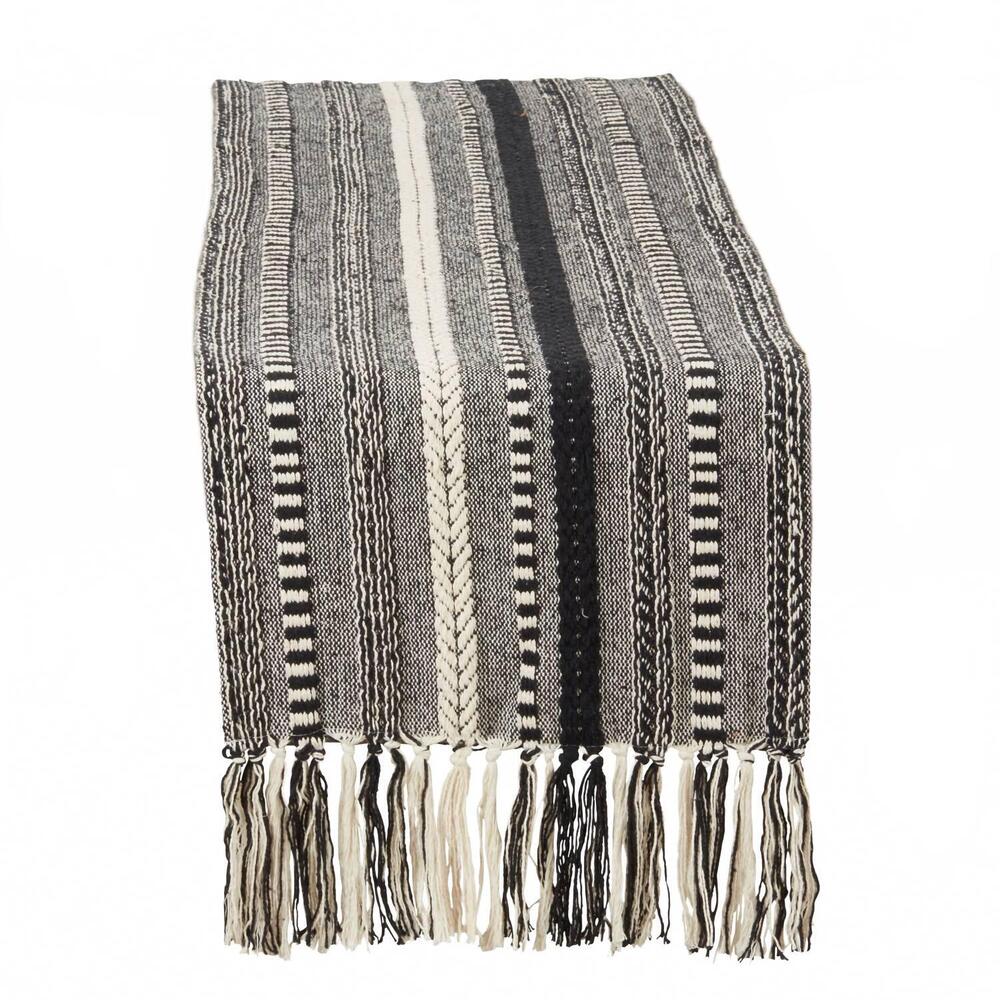 NEW SARO LIFESTYLE 14"x72" fringe detail braided stripe table runner in black